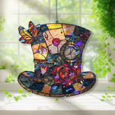 Mad Hatter Hat Acrylic Suncatcher, Stained Glass Style Alice in Wonderland Window Hanging, Fantasy Rose Butterfly Clock Home Decor Gift
